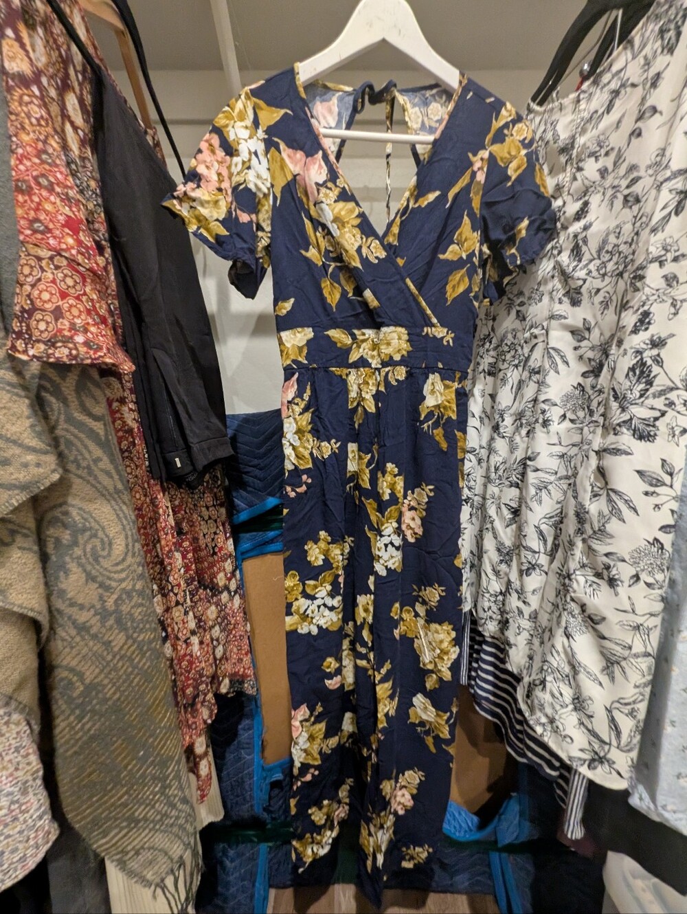 Xhilaration Navy Floral Wrap Jumpsuit with Yellow & Pink Blooms